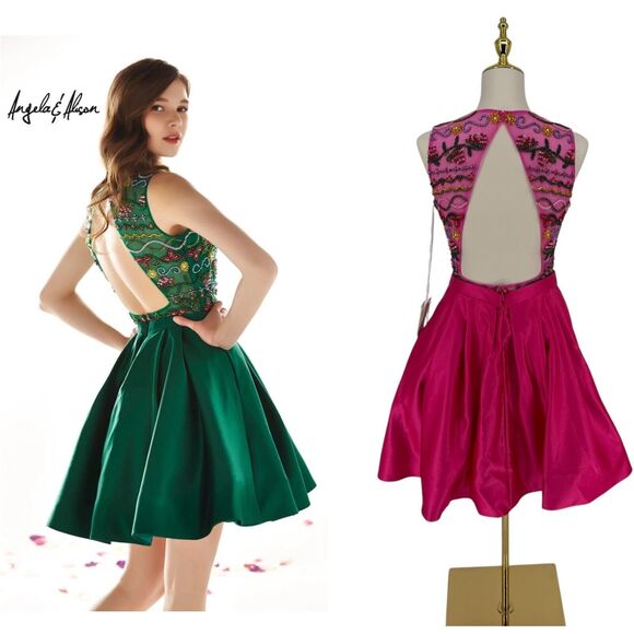 Angela & Alison Beaded Dress Pink Satin 10 Short Formal A-Line Pocket Open Back - Picture 10 of 16